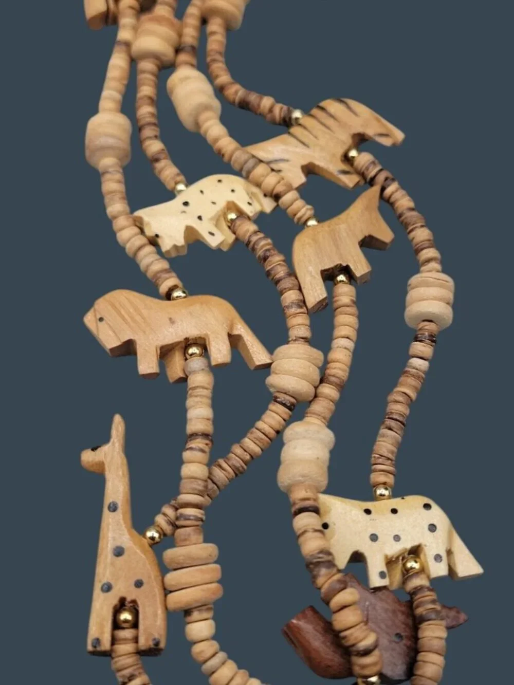 Vintage Double Strand Hand Carved Wooden Safari Animal 16